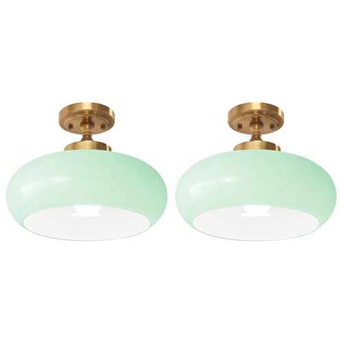 Qepeety 2-Pack Industrial Mint Green Flush Mount Ceiling Light Farmhouse
