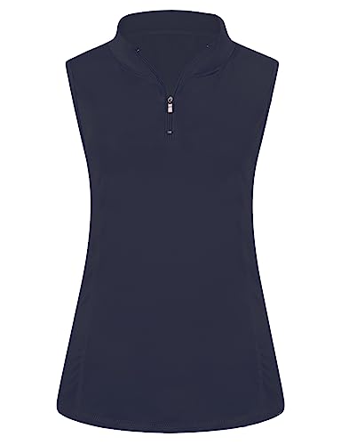 Viracy Women's Zip Up Golf Workout Tank Tops Sleeveless Quick Dry Athletic Polo Shirts, B-navy Blue, XX-Large