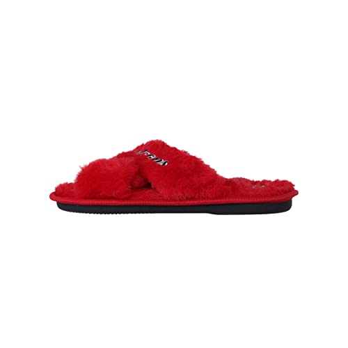 Image of FOCO Womens NFL Team Script Wordmark Fuzzy Cross Slide Slippers
