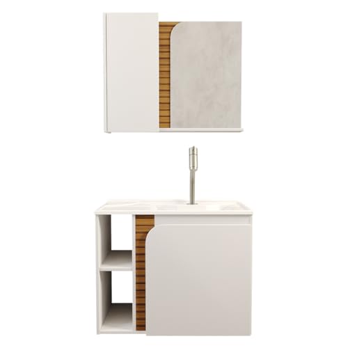 Gabinete Banheiro Lotus com 2 portas Espelheira e Cuba Branco/ripa 3d