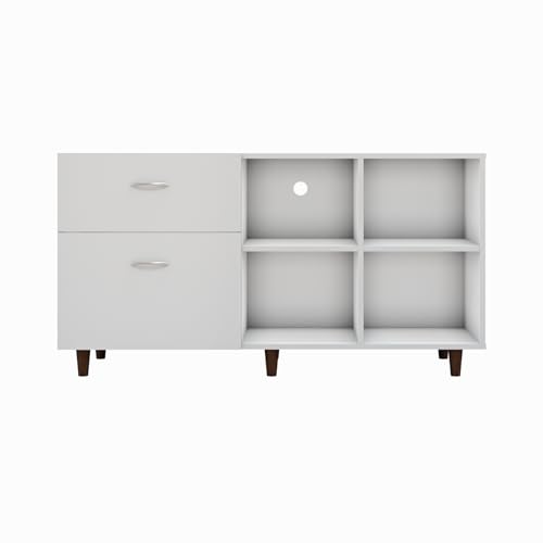Image of VIKI Modern TV Unit for Living Room | Engineered Wood TV Cabinet with 2 Drawer Storage & 2 Open Shelves, Set Top Box Stand, Entertainment Unit, 140W x 74H x 40D cm | DIY | 1 Year Warranty (White)