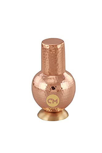 Copper-Master Hammered Pure Copper Surahi Design Bedroom Water Bottle with Inbuilt Glass (750ml +200ml)
