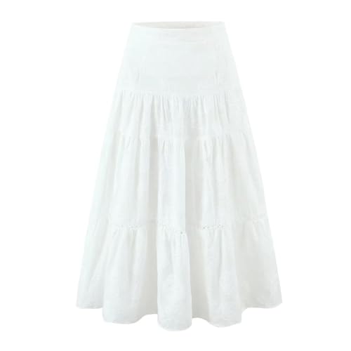 French Country Lazy Cotton Embroidered Skirt Minimalist White Holiday Casual High Waist Midi Skirt Women