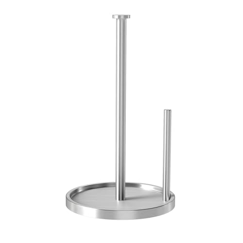Paper Towel Holder Countertop, Standing Paper Roll Holder with Anti Slip Weighted Base, Stainless Steel Freestanding Paper Towel Holder for Kitchen, Silver