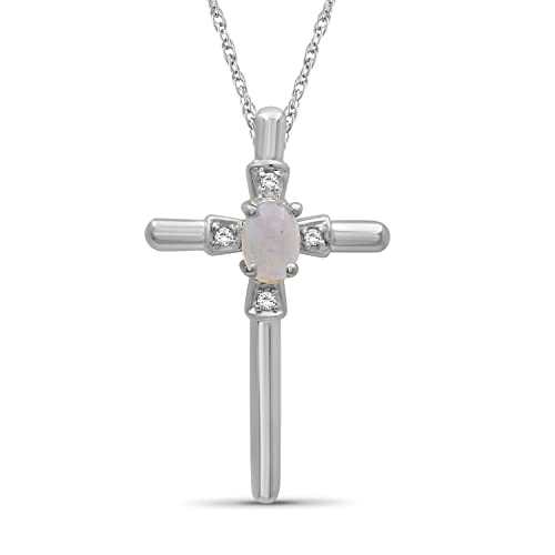 JEWELEXCESS Silver Cross Necklaces for Women â€“Silver Cross Necklace for Women Over .925 Sterling Silver Cross â€“ 4k Opal Necklace Centerpiece, White Diamond Accents â€“ Hypoallergenic Cross Pendant