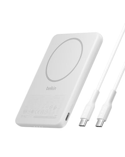 Belkin BoostCharge Batería Externa Carga Rápida 5000mAh, Power Bank Magnética y Delgada, Puerto USB Tipo C y Cable USB C, Cargador Portátil para iPhone, Galaxy, Pixelnap, iPad, Tableta, Blanco