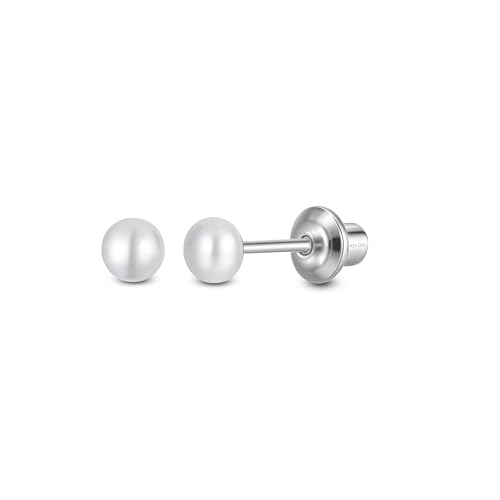 Pearl Screw Back Stud Earrings for Baby Toddler Girls | Hypoallergenic 925 Sterling Silver Screwback Safety Earrings | Simulated Pearl Studs for Sensitive Ears | Keepsake Gift for Birthdays Holidays Special Occasions (White 4mm- Medium)