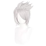 JoneTing Silver White for Cosplay【+Wig Cap】 Silver White Cosplay Wig Short Silver Wig for Halloween Wavy Synthetic Hair Wigs for Anime Cosplay Peluca Blanca Plateada Party Dress Up Wig for Costume