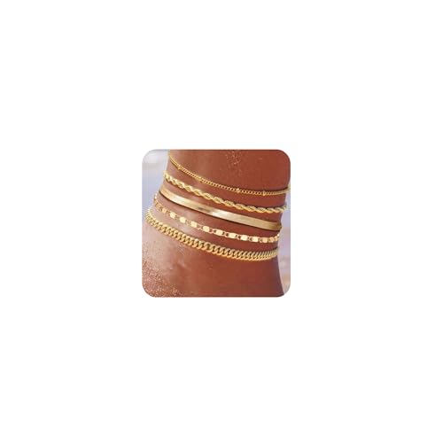 Image of Plus Size Gold Ankle Bracelets for Women Big Ankles, Adjustable Ankle 14K Real Gold Plated Cuban Link Chain Figaro Snake Herringbone Extra Large Anklet Bracelets,Summer Beach Foot Jewelry 10-12inch