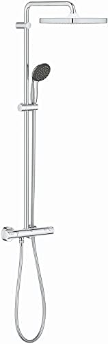 GROHE Vitalio Start 250 Cube - Shower System with Thermostatic Mixer and Cube 25cm Rain Shower Head (10cm 2 Spray Hand Shower, Swivel Arm, Smooth Clean Hose, Water Saving Technology), Chrome, 26696000
