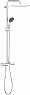 GROHE Vitalio Start 250 Cube - Shower System with Thermostatic Mixer and Cube 25cm Rain Shower Head (10cm 2 Spray Hand Shower, Swivel Arm, Smooth Clean Hose, Water Saving Technology), Chrome, 26696000