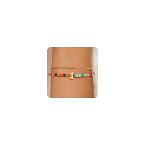 Image of Eaciy Colorful Initial Bracelets for Women Girls - 14K Gold Plated Initial Letter Daint A-Z Charm Bracelet Summer Jewelry Teen Girl Gifts for Teen Kids
