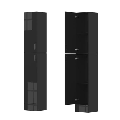 35 cm Breit Hochschrank 188 cm Hoch, Schmaler Badezimmerschrank Badschrank Schmal Küchenschrank Buffetschrank, Hochglanz, 2 Türen und 4 Einlegeböden, für Badezimmer, Bad, Küche Aufbewahrung (Schwarz)