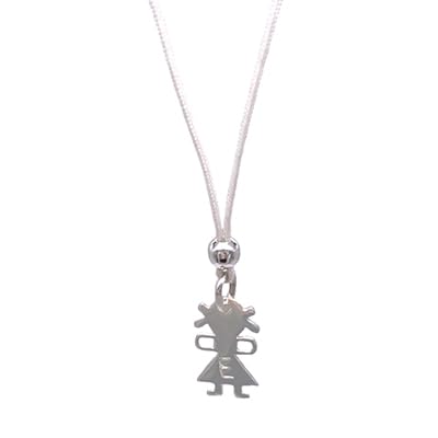 ibamboli - Collana in Corda Bianco e Ciondolo a Forma di Bimba in Argento Personalizzabile con Iniziale
