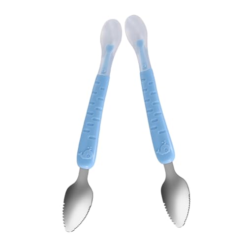 HAPINARY 2 Piezas cuchara de acero inoxidable comida para bebé cuchara de helado alimentador de frutas cubiertos para niños Cucharas de acero inoxidable cucharas de fruta gel de sílice Blue