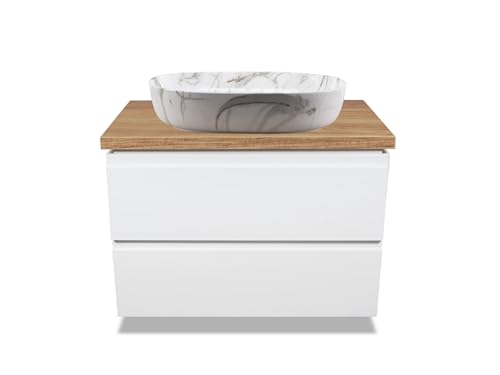 VBChome Aiax Shiny Armoire de salle de bain - 80 x 45 cm - Blanc - Lavabo - 61 x 41 cm - Meuble bas - Meuble bas - Avec plan de travail - 2 tiroirs - Poignées usinées