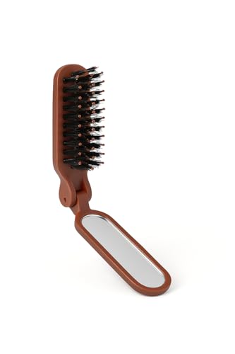 Brosse pliable cheveux & barbe avec miroir – poils de sanglier + picots nylon – compacte 11 cm, portable et anti-frisottis – coloris marron ou gris –...