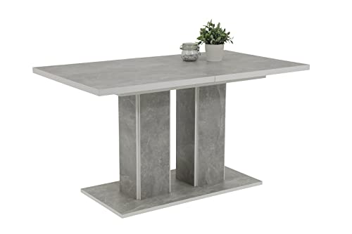 Table à manger extensible TONORETO, gris avec motif béton, 140-180 x 80 x 75 cm, panneau de particules mélaminé, plateau extensible, pied double colonne avec grande plaque de fond Cover