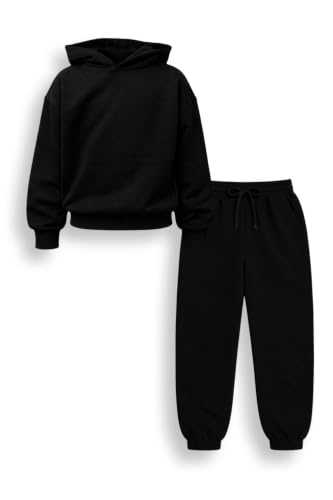 Image of Brand Threads Kids Unisex Hoodie Tracksuit Set Plain Cotton Blend Drop Shoulder Hooded Top and Joggers Loungewear for Boys and Girls Ages 3 to 12 Years