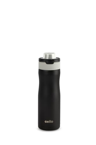 Image of CELLO Duro Hydrene Hot and Cold Stainless Steel Flask for Office 650 ml Black | Double Wall Vacuum Insulated Spill Proof Leak Proof Easy Press Open Sipper Water Bottle for College Gym Travel & Biking