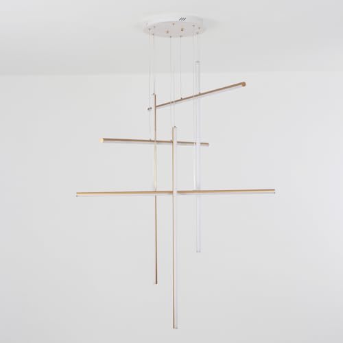 6 Lights Modern Linear Chandelier,Gold Cylinder Tube Hanging Pendant Light for Foyer Stairway,LED 70-Watt Dimmable High Ceiling Chandelier