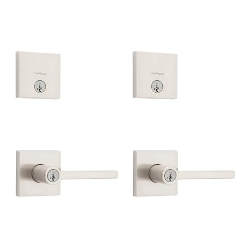 Image of Kwikset Halifax Square Front Door Lock Handle and Deadbolt Set, Entry Exterior with Interior Reversible Lever, Satin Nickel, Project Pack, Pick Resistant SmartKey Rekey Deadbolt Security