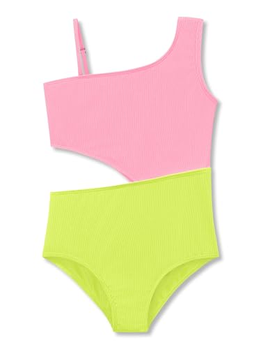 Image of Dvenki Big Girls Asymmetric Cutout Swimsuit Adjustable Straps Sizes 6X-16 | color block, leopard, tropical prints, front lined swimwear, removable pads, suitable for beach, vacation, pool play