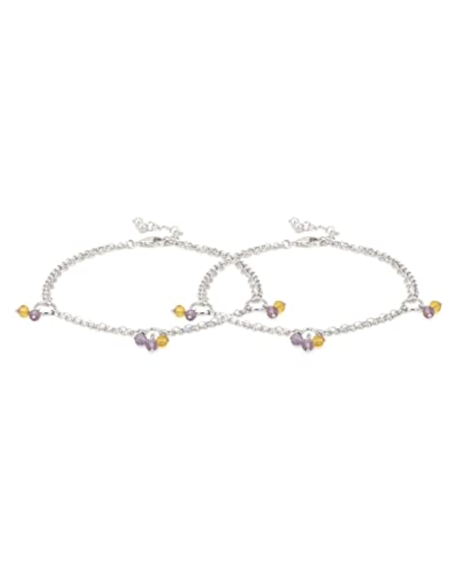 2pc Silver-Toned Purple Rhodium-Plated Beaded Anklet Set