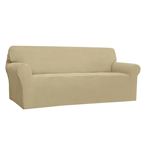 Image of Easy-Going Stretch 4 Seater Sofa Slipcover 1-Piece Sofa Cover Furniture Protector Couch Soft with Elastic Bottom for Kids, Polyester Spandex Jacquard Fabric Small Checks Beige
