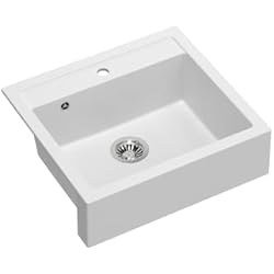 Fregadero Cocina Frente Visto VBChome Fregadero de cocina de granito de 60 x 54 cm, de granito blanco, rectangular, empotrable, granito, grande, profundo y con sifón