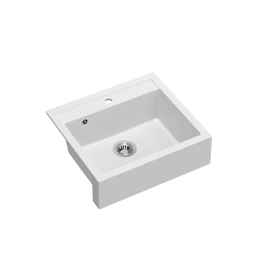 VBChome Fregadero de Granito Blanco Rectangular de 60 x 54 cm, Empotrable, Grande, Profundo y con Sifón