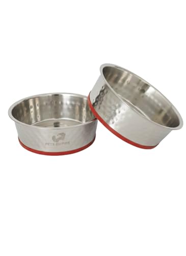 Image of Pets Empire Textured Stainless Steel Pet Bowl Pack of 2 x 1600 ml Red | Anti-Slip Large Feeding Bowls for Dogs & Cats | Durable, Rust-Proof Food & Water Set