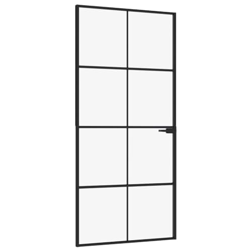 vidaXL Puerta interior, juego completo de 93 x 201,5 cm, puerta de cristal con asa, cerradura de hierro, puerta giratoria de cristal, moderna, color negro, vidrio templado de aluminio fino
