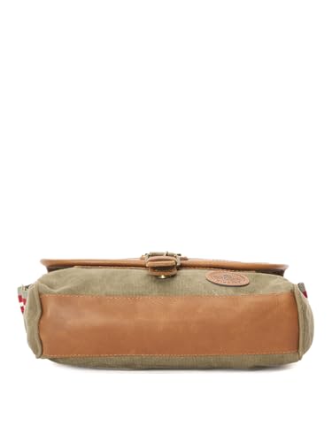 Image of Canvas Messenger Bag with Leather Trim, Olive Green with Red Stripe, Vintage Style Shoulder Bag