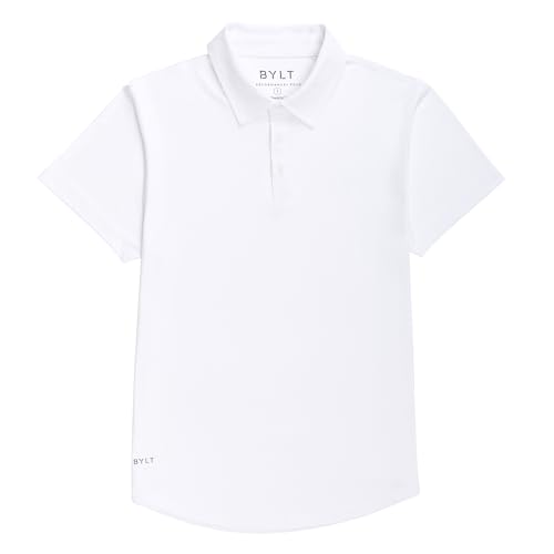 BYLT Performance Drop-Cut Polo Men's Shirt - Classic Fit, Collared Shirt for Men - Active & Casual Comfort Wear - Lightweight Polyester & Spandex, White, Large