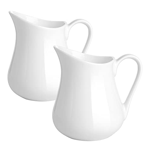 Gurygo 2 Pack 8 oz Ceramic Creamer Pitcher Set with Handle Small Classic White Milk Container Fine Porcelain Creamer Pitcher for Coffee Milk Sauces Salad Microwave & Freezer Safe