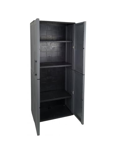 Image of Dmora Clavier Outdoor, Balcony, Multi-Purpose Cabinet with Shelves, 100% Made in Italy, 68 x 37 x 163 cm, Grey and Black, Square Finish