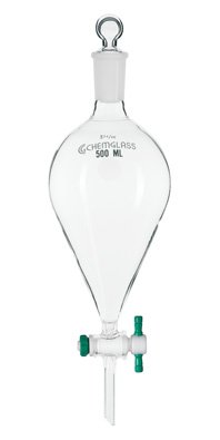Chemglass CG-1745-05 Series CG-1745 Separatory Funnel with 4 mm PTFE Stopcock and 24/40 Joint, European Style, 500 mL