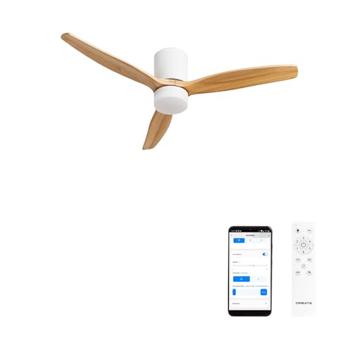 CREATE / WINDCALM CONCRETE/Ventilador de techo blanco madera clara con Wifi y mando / 40W, Carcasa de yeso personalizable, Ø132 cm, 6 velocidades, función verano-invierno, luz led 3 temperaturas