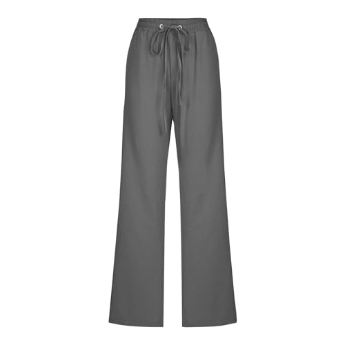 Image of Linen Pants Women High Waisted Drawstring Casual Pant Cotton Linen Straight Leg Lounge Trousers with Side Pockets