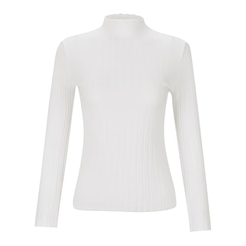 Generisch Jersey de punto acanalado para mujer con cuello alto, camiseta de manga larga que realza la figura con borde ondulado | Elegante parte superior básica para el aspecto de capas, Style_v02