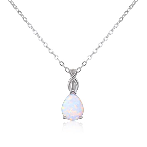 AILUOR chapado en oro blanco creado collar de ópalo, ópalo collares para mujeres lágrima colgante octubre piedra de nacimiento joyería fina regalo de cumpleaños para la esposa (Lágrima, Plata)