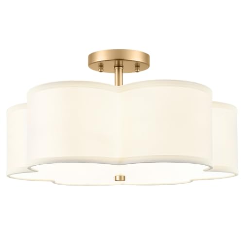 Image of 18 inch Gold Semi Flush Mount Ceiling Light with White Fabric Shade