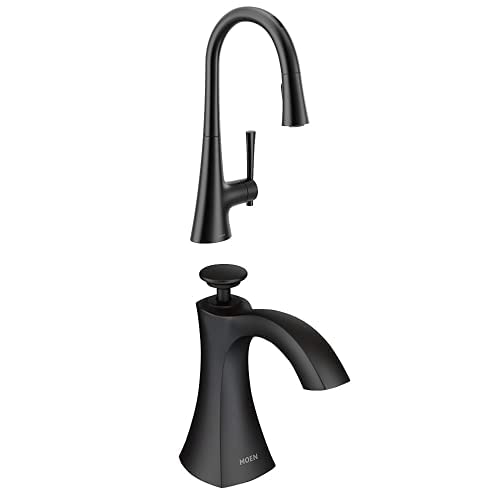 Moen9126EVBL Kurv Smart Touchless Pull Down Sprayer Kitchen Faucet with Voice Control and Power Boost, Matte Black + Moen S3948BL Kitchen Soap Dispenser, Matte Black