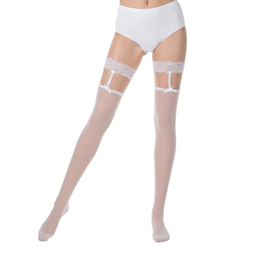 CIATBYYJ Bow Lace Top Sheer Stocking, Lace Thigh High Stockings for Women Sexy, Sexy Bow Suspenders Pantyhose(White)
