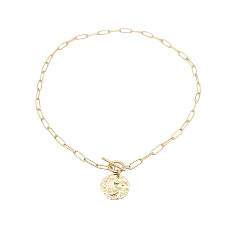 Collier maille trombone acier doré pendentif rond martelé collier fermoir T toggle