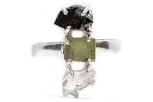 Moldavite, Herkimer & Black Tourmaline Ring: An Enchanting Symphony of Gemstones