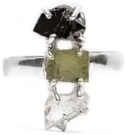 Moldavite Ring, Herkimer Diamond Ring, Black Tourmaline Ring Natural Gemstone 925 Sterling Silver Handmade Jewelry Ring