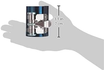 Piston Ring Compressor held in hand, showing dimensions