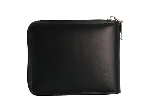 Men's small wallet, large capacity short double fold wallet, retro pattern zipper closure, 4.52 x 3.54 inches, black2